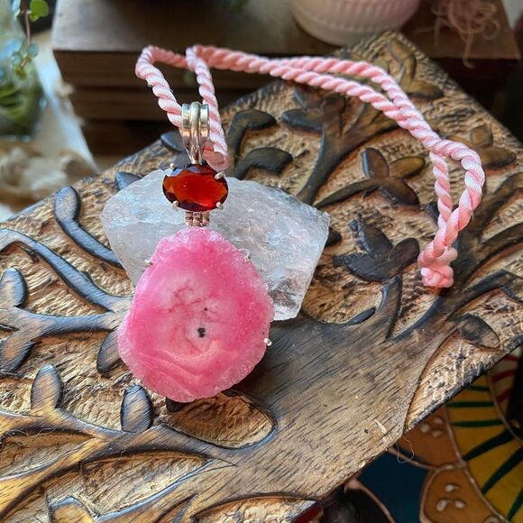 Solar Quartz Druzy & Garnet Ethnic Sterling Silver Pendant Necklace - Picture 1 of 8